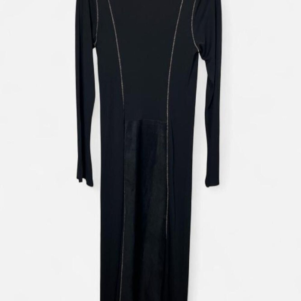 Vintage Black Suede Leather Paneling Contrast Stitch Whimsigoth Maxi Dress - Picture 6 of 8